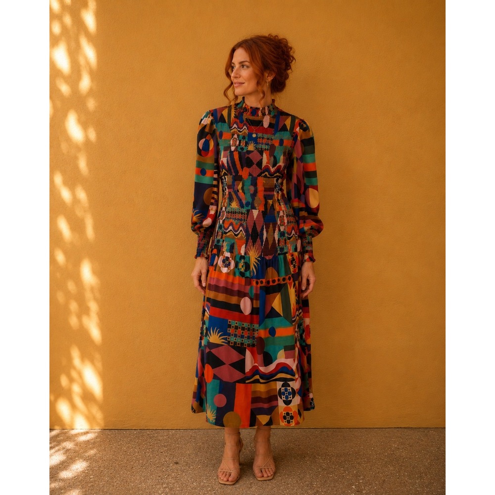 FARM Rio‎ Womens Multicolor Patchwork Smocked Mock Neck Puff Sleeve Midi Dress S